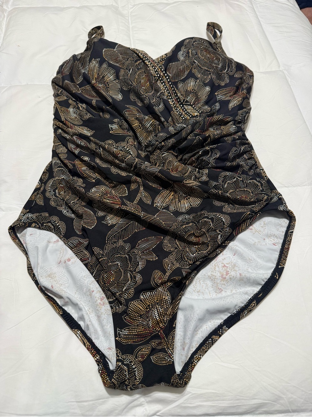 Miraclesuit size 16 Black One-Piece Swimsuit with Gold Floral Print